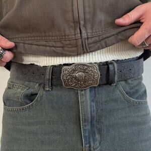 y2k western black engraved cowboy boho belt with silver bull buckle